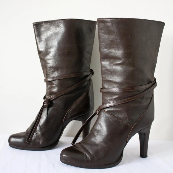 Bootlegger's Footwear Shoes - Brown Leather Mid-Calf Boots — Heeled Boots with Tie Detail, Women's Size 6
